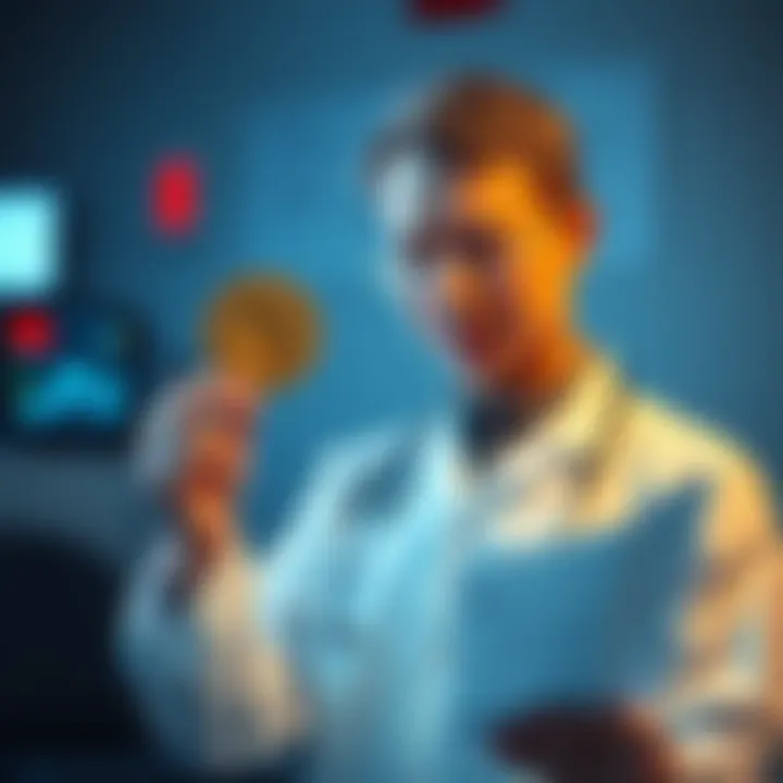 An emergency room doctor in China holds a Bitcoin symbol while looking at hospital charts, reflecting on the stress of his job and the hope that cryptocurrency brings.