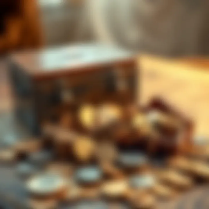 A collection of error coins displayed alongside a vintage wooden box that belonged to a grandfather.