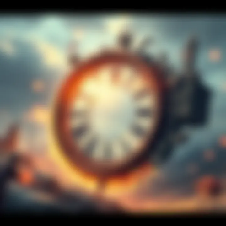 A thought-provoking visual depicting a repetitive cycle with symbolic elements of time, such as clocks and seasons, intertwined with societal events.