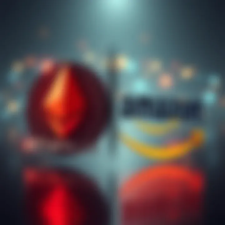 A visual comparison of the logos of Ethereum and Amazon, highlighting their differing business models and market roles.