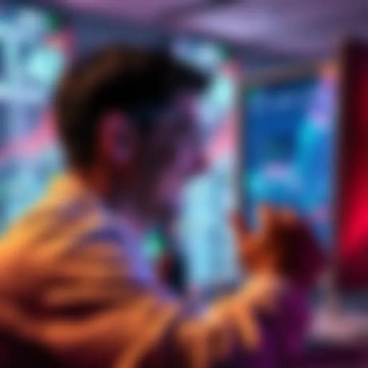 ETH Holder Selling Cryptocurrency A person looking at a computer screen showing ETH prices, smiling after selling cryptocurrency for expenses.