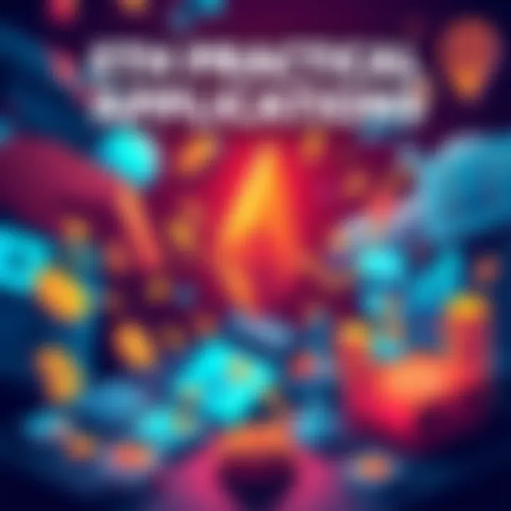 Illustration showing various practical uses of ETH such as DeFi, NFTs, and digital services with money symbols and digital graphics.