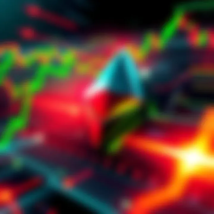 Illustration of Ethereum cryptocurrency with green and red indicators representing price fluctuations