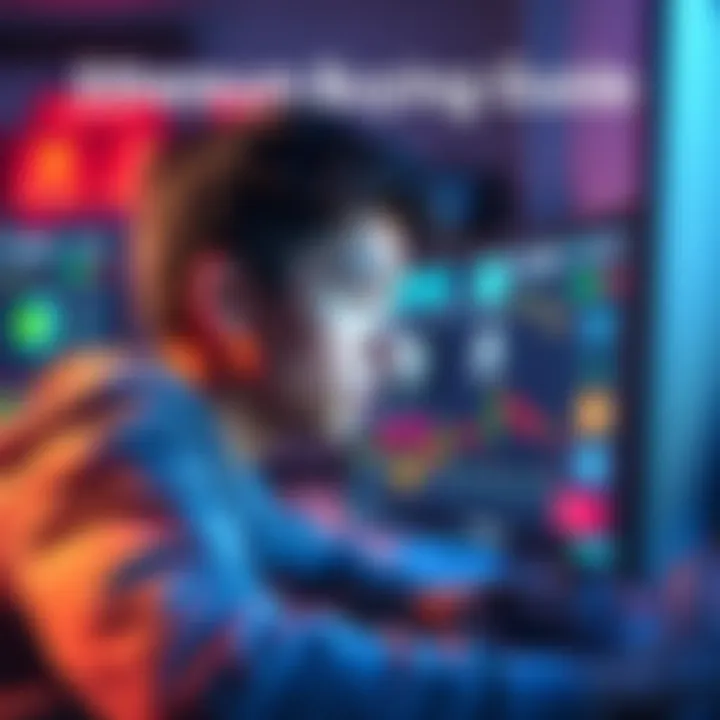 A teenager looking at a computer screen with Ethereum logos and cryptocurrency charts
