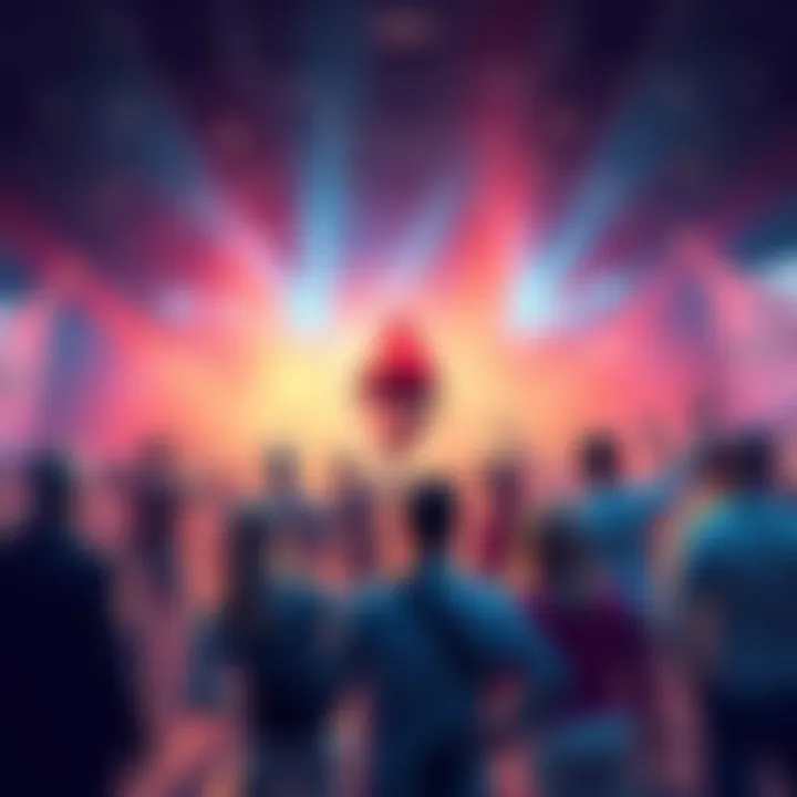 A dynamic representation of Ethereum discussions with diverse participants engaging energetically around digital currency topics.