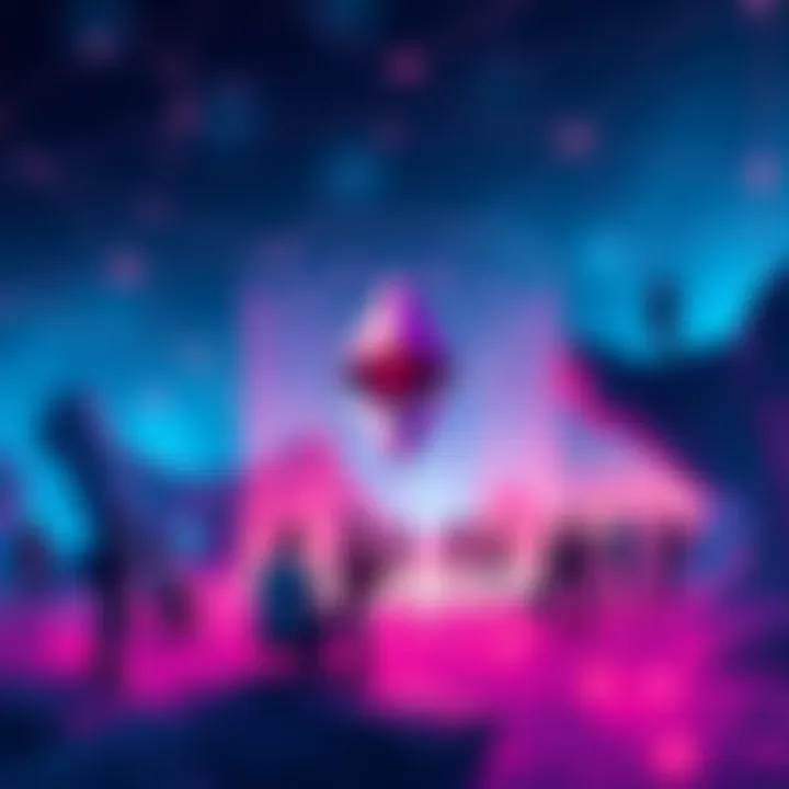 Ethereum Community Discussion A vibrant digital landscape illustrating the Ethereum network and its enthusiasts engaging in conversation.