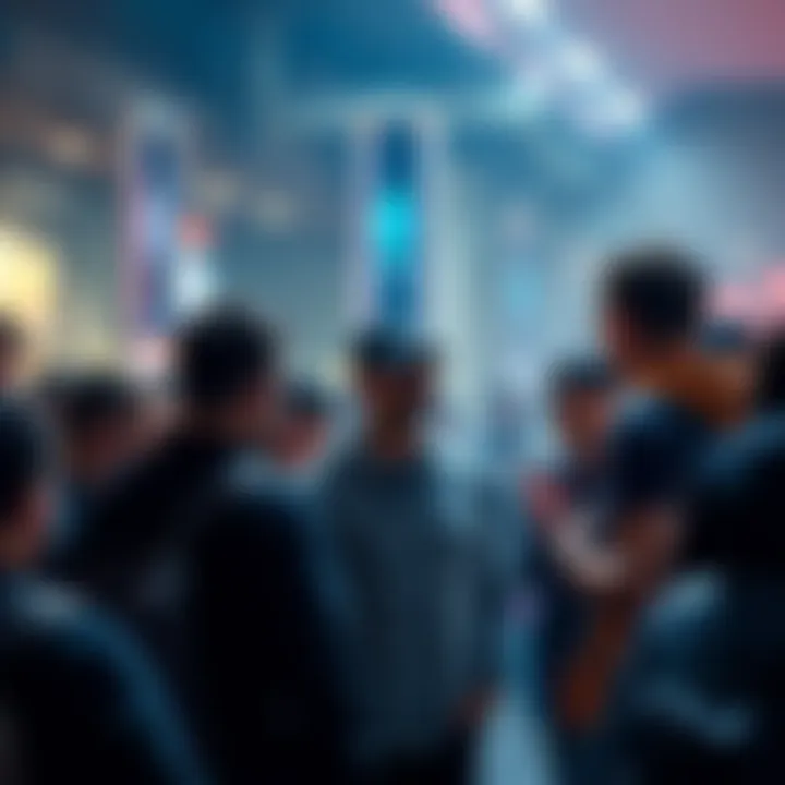 Ethereum Community Discussion A group of people engaged in lively conversation about Ethereum topics like price and news.