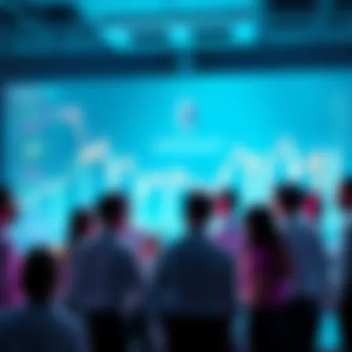 Ethereum Community Discussion Group of people engaging in a discussion about Ethereum with charts and graphs in the background.