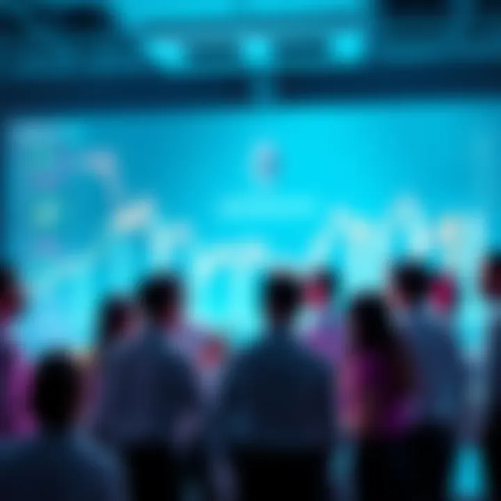 Ethereum Community Discussion Group of people engaging in a discussion about Ethereum with charts and graphs in the background.