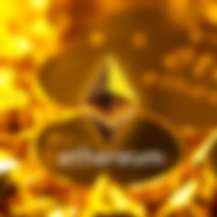 Graphic showing Ethereum logo with gold background, symbolizing its rise as digital gold