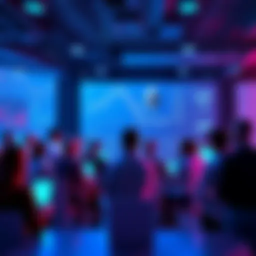 A group of people discussing Ethereum topics, with charts and news displayed on screens in a lively atmosphere.