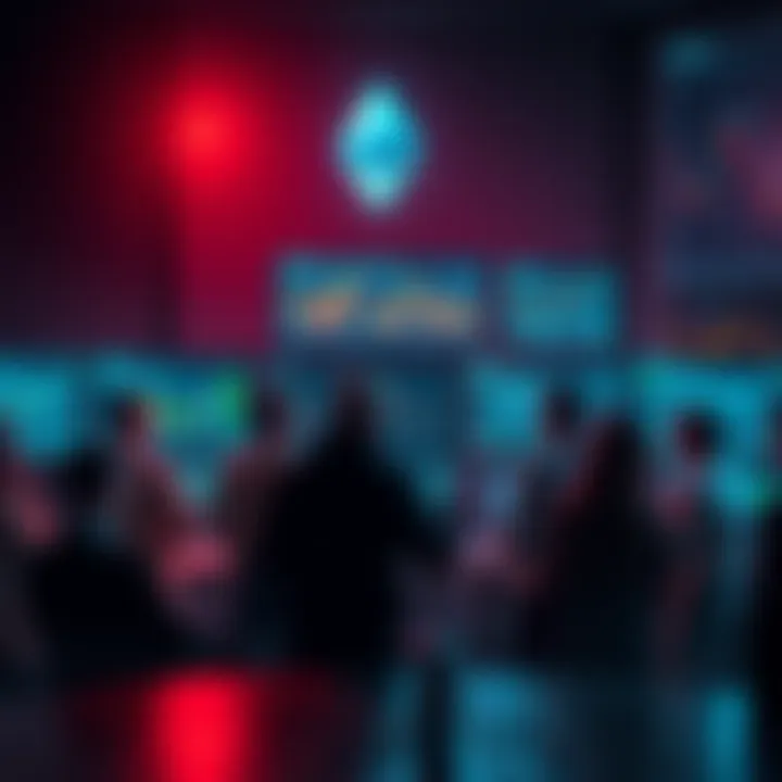 A group of people discussing Ethereum with charts and news articles on screens around them.