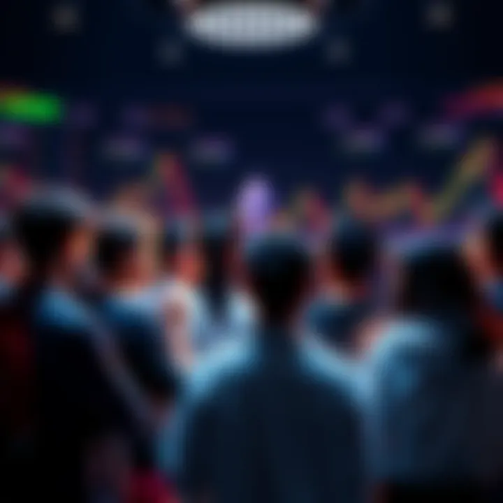A group of people engaged in a lively discussion about Ethereum, with charts and graphics displaying market trends in the background.