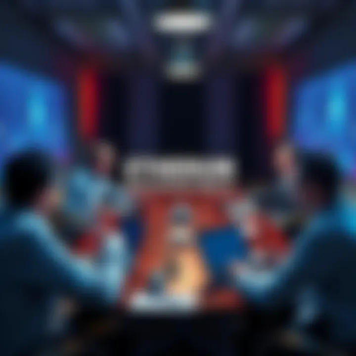 A group of people discussing Ethereum trends and news around a table with laptops and notepads.