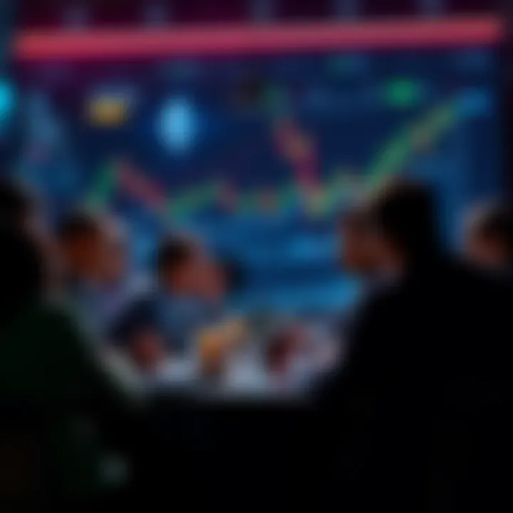 People engaging in a lively discussion about Ethereum topics with charts and news articles in the background.