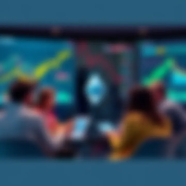 People engaging in a discussion about Ethereum with charts and graphs in the background.
