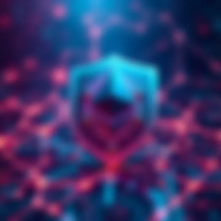 A representation of Ethereum's ERC-8004, showcasing a digital shield protecting against AI threats, with a blockchain background.