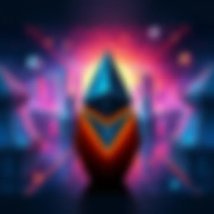 An artistic representation of Ethereum's logo with futuristic cityscapes and blockchain elements in the background