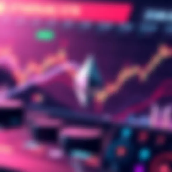 A dynamic graphic representing Ethereum's price movements and market trends, featuring charts and community engagement symbols.