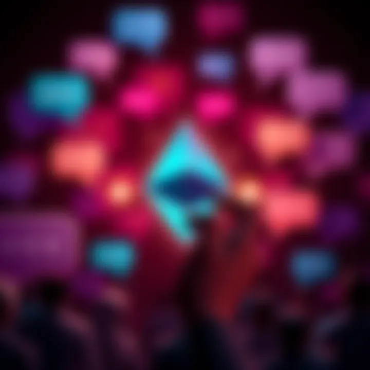 Ethereum Price Discussion A vibrant Ethereum logo surrounded by chat bubbles representing community discussions on price and news updates.