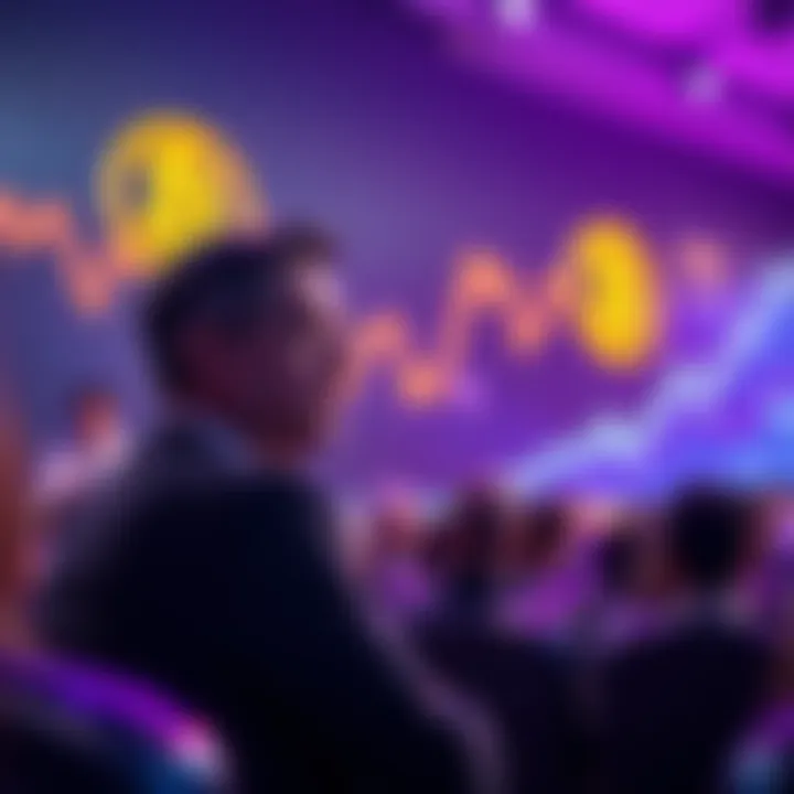 Ethereum Price Prediction Tom Lee discussing Ethereum's price at a financial event with a graph showing its rise against Bitcoin in the background