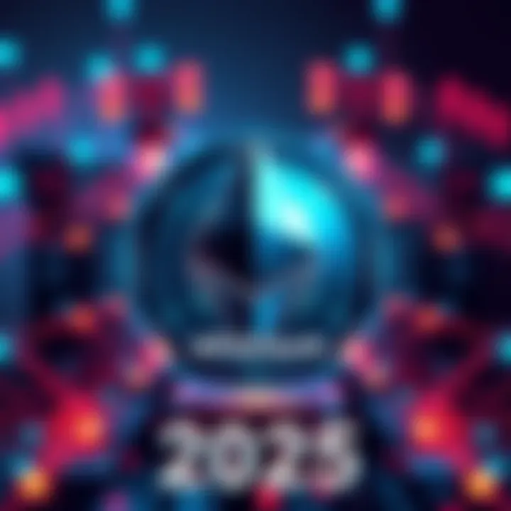 A graphic showcasing the Ethereum logo with digital elements and a futuristic theme, symbolizing the major upgrade set for 2025