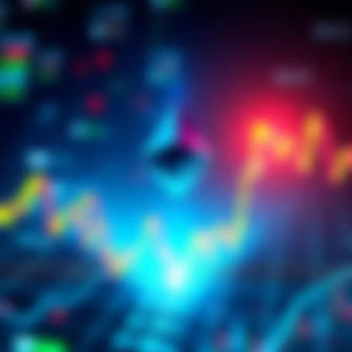 Ethereum logo amidst fluctuating crypto market graphs