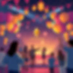 A festive illustration showing people celebrating Ethereum's 10th anniversary with balloons and decorations, along with a digital NFT symbol.