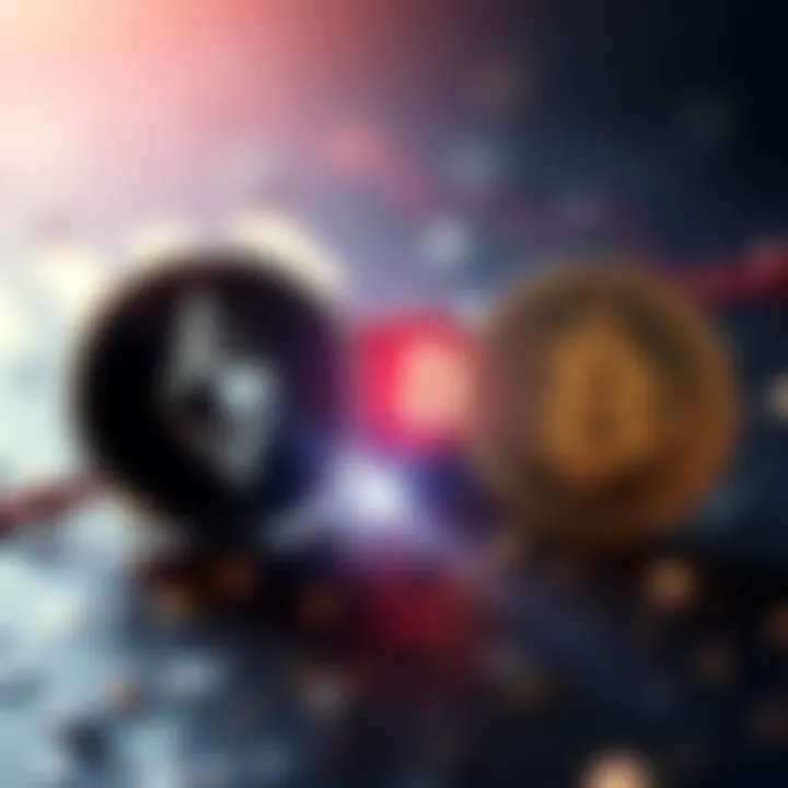 Graphic showing Ethereum and Bitcoin symbols exchanging with arrows between them