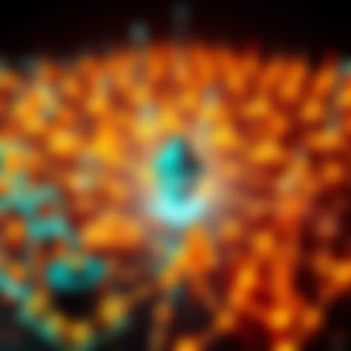 A visual representation of the Ethereum blockchain with symbols representing decentralized finance and tokenization.