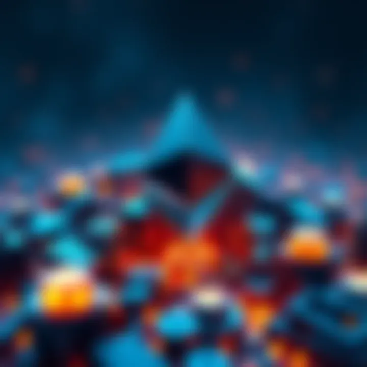 Ethereum logo surrounded by graphics of blockchain and digital assets