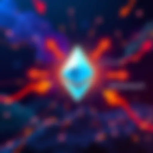 An illustration showing Ethereum's logo with arrows indicating transformation towards profitability, representing a shift in business strategy.