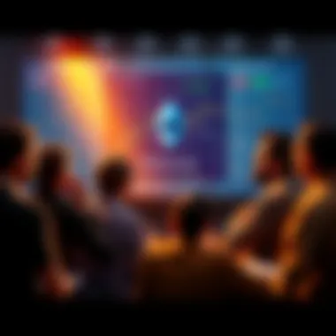 A group of people discussing Ethereum topics, with charts and news articles visible on a screen.