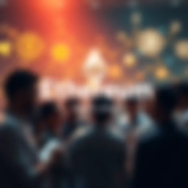 A group of people engaging in conversations about Ethereum, sharing insights and news updates, with a digital background showcasing Ethereum's logo and symbols of cryptocurrency.