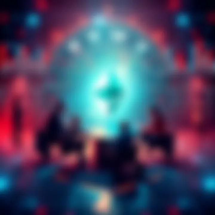 A vibrant digital representation of the Ethereum logo surrounded by diverse community members discussing blockchain technology