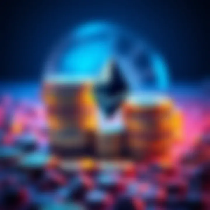 A visual representation of Ethereum's decreasing value with coins stacked and a downward arrow.