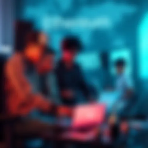 A group of diverse developers collaborating on Ethereum projects with coding tools and laptops, symbolizing a global community.