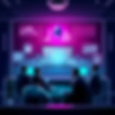 A group of people engaging in a discussion about Ethereum topics, with charts and news on screens around them.