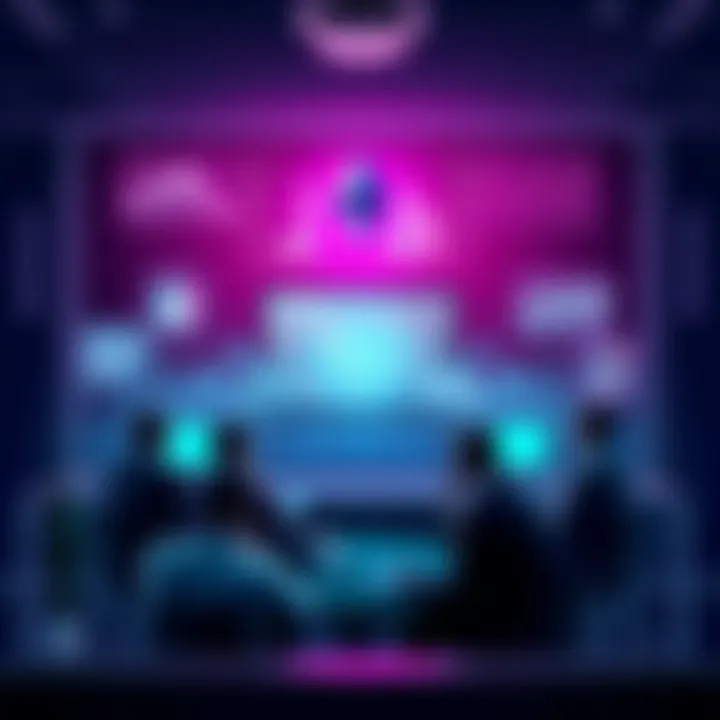 A group of people engaging in a discussion about Ethereum topics, with charts and news on screens around them.