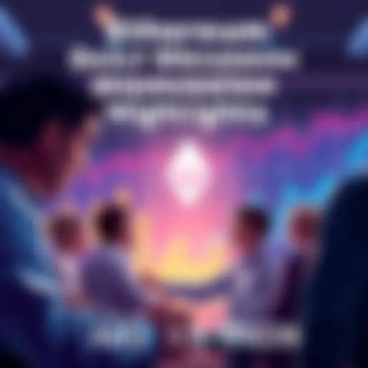 A group of people discussing Ethereum topics with charts and graphs in the background, showcasing news and price trends.