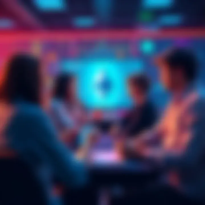 A group of people discussing Ethereum and crypto challenges online, highlighting Coinbase's initiative to support crypto, with digital graphics representing blockchain technology in the background.