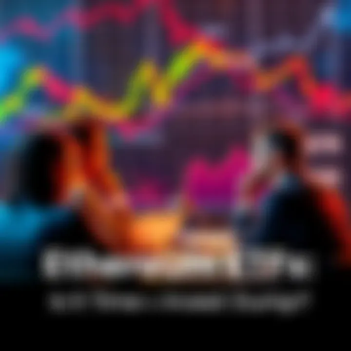 People discussing whether to invest in Ethereum ETFs or sell their assets, with charts and graphs in the background.