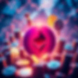 Ethereum logo surrounded by symbols of finance like coins and charts