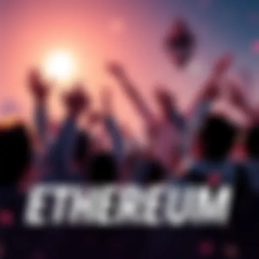 People celebrating the potential rise of Ethereum in 2025 with a bright skyline in the background.