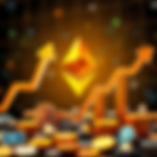 A graphic showing Ethereum's symbol with increasing trend arrows and cryptocurrency icons, representing rising interest in DeFi after GENIUS' stablecoin ban.