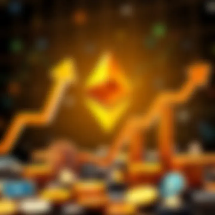 A graphic showing Ethereum's symbol with increasing trend arrows and cryptocurrency icons, representing rising interest in DeFi after GENIUS' stablecoin ban.