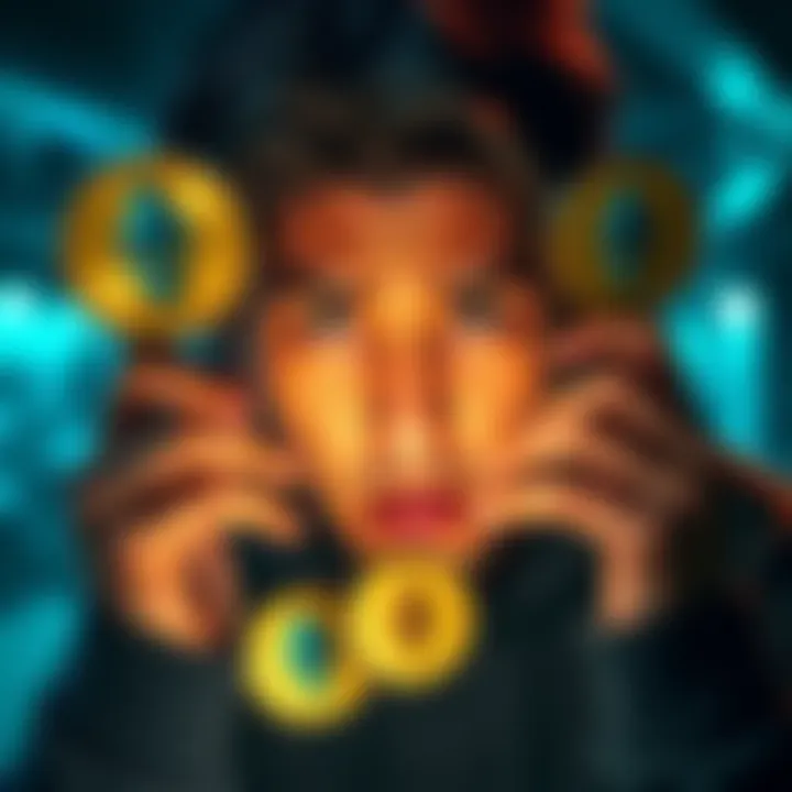 A person looking frustrated while holding Ethereum symbols, reflecting on investing decisions