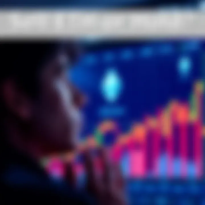 Ethereum investment choices A person looking at a chart displaying Ethereum prices with a thoughtful expression, contemplating whether to sell or hold their investment.