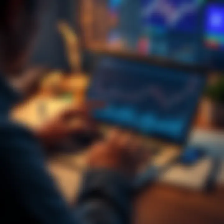 A person analyzing Ethereum charts on a laptop with financial graphs and notes around
