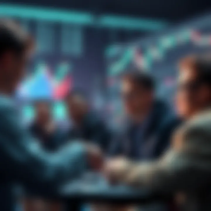 Ethereum investors discussing market trends A group of Ethereum investors sharing thoughts on their recent losses, with charts and graphs showing market data in the background.